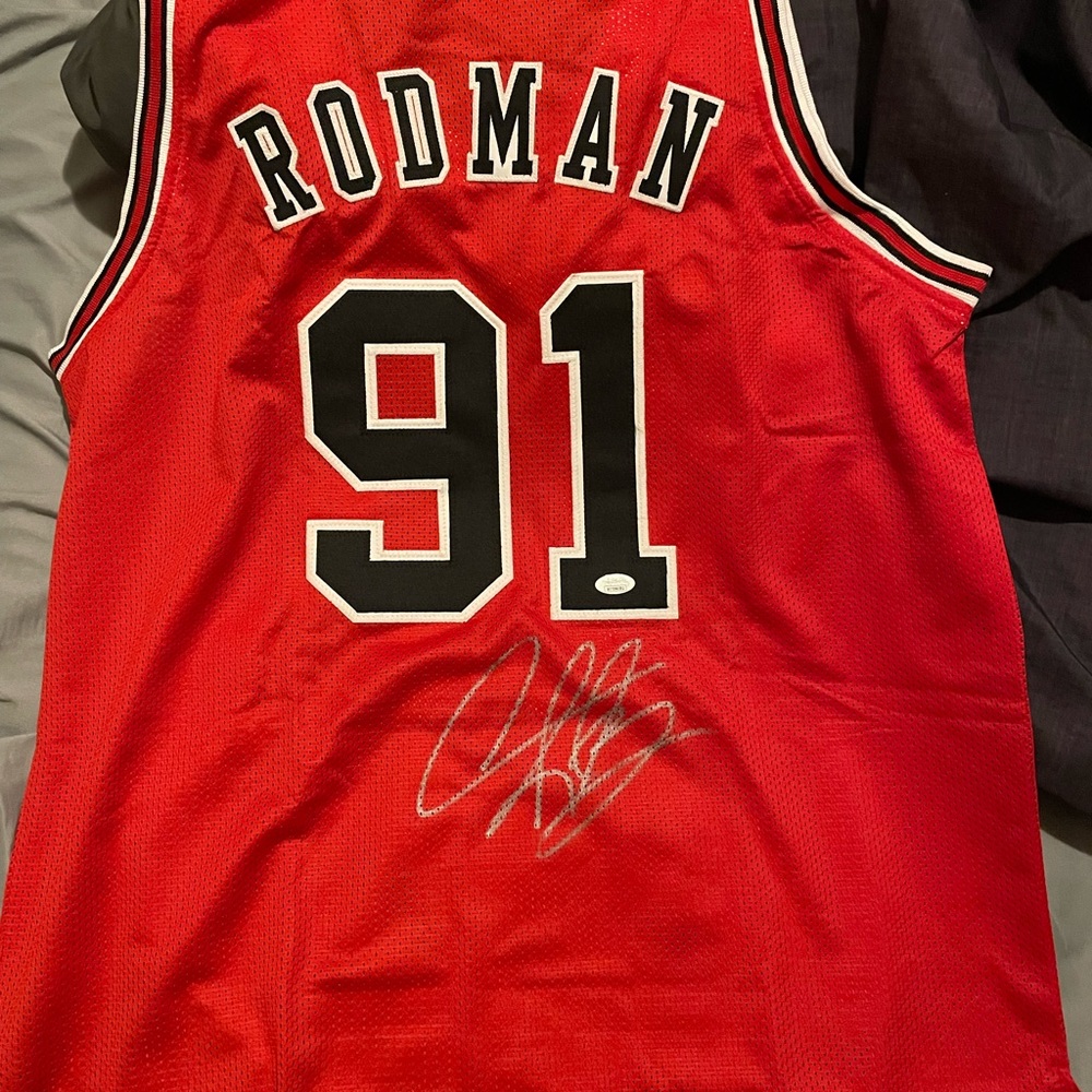 Dennis Rodman Autographed Bulls jersey.